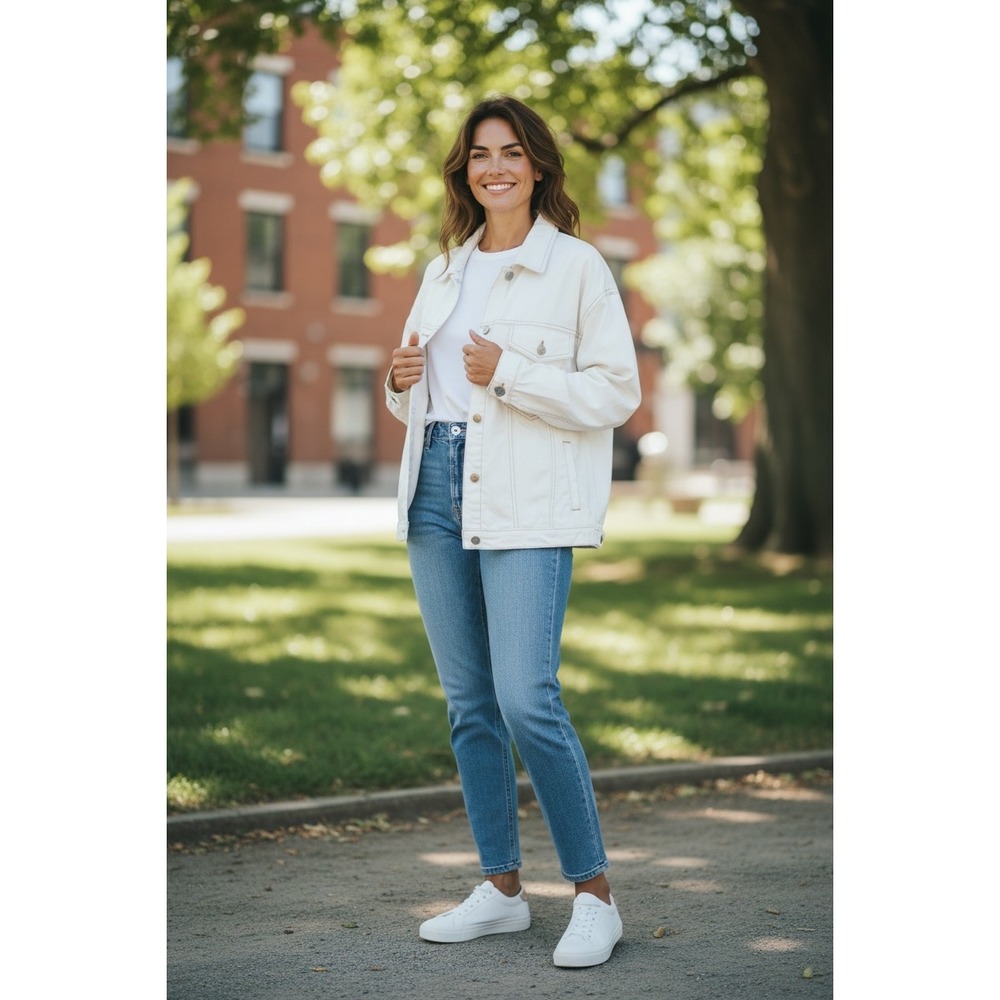Oversized Cream Denim Trucker Jacket Vintage Inspired Utility Jacket